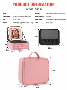 Détails de la trousse de maquillage rose en cuir PU avec miroir LED et cloisons amovibles