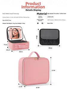Detail view of pink PU leather makeup bag showing 3-color LED mirror and adjustable dividers