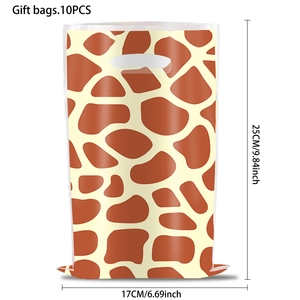 Giraffe print plastic gift bags 10pcs set with top handles and dimensions details