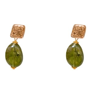 Vintage textured gold square studs with elegant green teardrop stone pendants