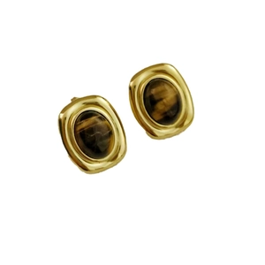 Vintage 18k vergoldete Edelstahl-Ohrstecker mit braunem Tigerauge-Naturstein