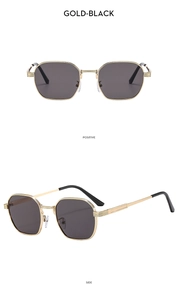 Front and side view of small polygonal gold metal sunglasses with dark lenses