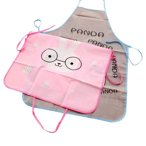 Cute cartoon print waterproof aprons in pink rabbit and grey panda designs with neck straps
