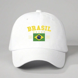 White Brasil baseball cap with adjustable strap featuring yellow text and flag design