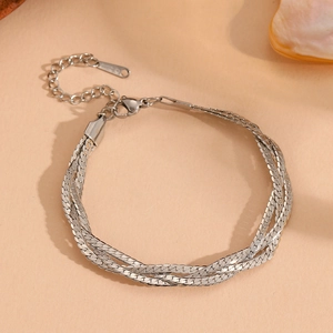 Detail of silver multi-strand snake chain bracelet with adjustable lobster clasp