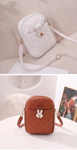 Quilted mobile phone bag set in white and brown leather with cute rabbit metal clasp
