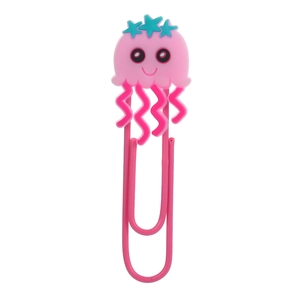 Detailed close-up of a pink paperclip with a cute soft PVC cartoon jellyfish topper