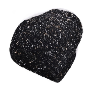 Close-up of black knit beanie with colorful speckled yarn and soft mohair texture