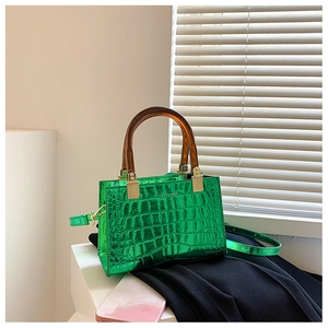 Detail of green crocodile embossed handbag with amber acrylic handle and golden hardware