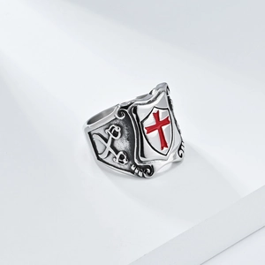 Vintage stainless steel crusader shield ring with red cross and crossed swords detail