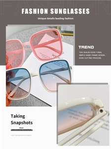 Detail view of square sunglasses with pink transparent and white frames with metal hinges