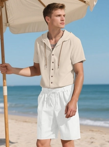 Men's summer linen set featuring a beige hooded short-sleeved shirt and white drawstring shorts
