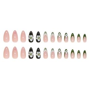 Green almond press-on nails with 3D white flower design and French tips, 24 pieces set