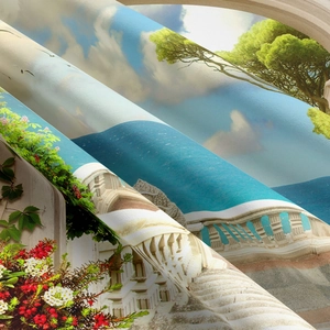 Detailansicht des mediterranen Digitaldrucks auf hochwertigem Twill-Wandteppich-Stoff