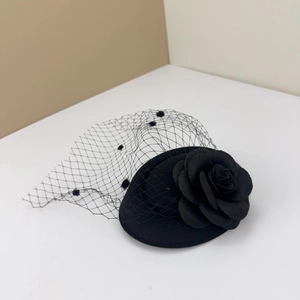 Vintage black fascinator hair clip with 3D rose flower and polka dot mesh veil