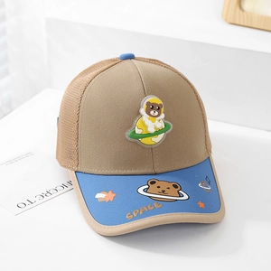 Detail of a khaki space bear kids mesh baseball cap with breathable summer design