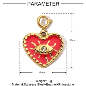 Detail of red enamel heart devil eye pendant with size measurements and rhinestone