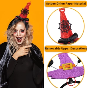 Detail of red and purple glitter witch hat headband showing removable decorations