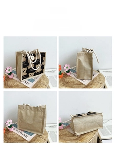 Detailed views of the bear lunch bag showing the burlap texture and secure wood button