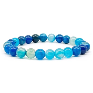 Detailed macro shot of 8mm multicolored blue agate bead elastic bracelet on white background