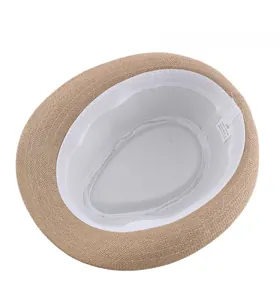Detail view of khaki paper straw fedora hat interior with sweatband and size label