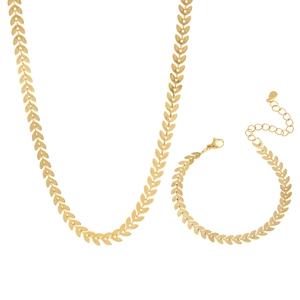 18k gold plated wheat leaf necklace and bracelet jewelry set for women on white background