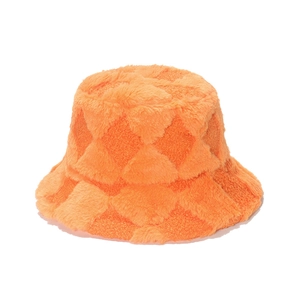 Winter plush bucket hat with orange diamond lattice pattern and warm faux fur texture