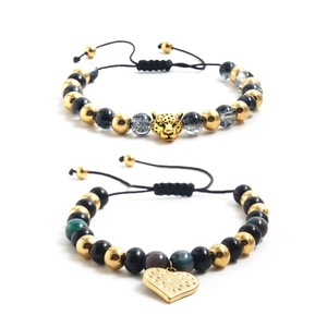 Adjustable woven beaded bracelets with leopard and heart charms in gold and natural stone