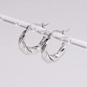 Sleek twisted silver stainless steel hoop earrings for women in a minimalist trendy style
