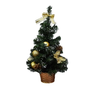 Mini artificial Christmas tree in woven basket with gold ornaments and pine cones
