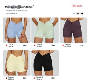 Vista dettagliata dei pantaloncini da yoga a vita alta in cinque colori con vita a V