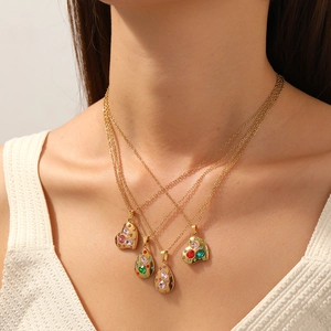 Heart Water Drop Pendant Necklace Gold Plated Stainless Steel With Colorful Zircon Rhinestone Fashion Jewelry For Women