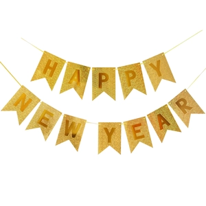 Glittering gold Happy New Year swallowtail banner for 2026 festive party decorations