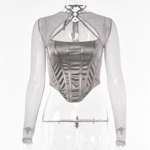 Silver grey long sleeve top with mesh patchwork and cutout satin bodice detail