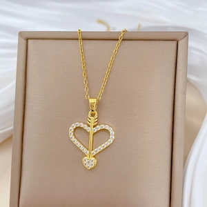 Elegant gold titanium steel heart arrow necklace with sparkling zircon pavé on silk