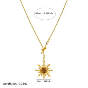 Gold stainless steel sun pendant necklace with tiger eye stone and snake chain dimensions