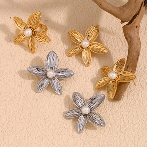 Frangipani Flower Jewelry Stainless Steel 18K Gold Plated Elegant Vintage Stud Earrings And Ring With Imitation Artificial Pearl For Women