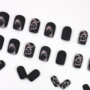 Matte black and leopard print short square press-on nails set with frosted finish