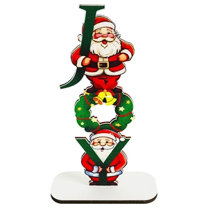 Detailed view of JOY Christmas wooden tabletop sign with Santa Claus and festive wreath