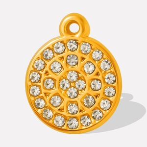 Detailed view of a gold circular 304 stainless steel pendant with sparkling rhinestones