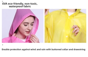 Detail of waterproof EVA raincoat showing windproof collar buttons and adjustable drawstring