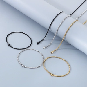 Set of wheat chains in gold, silver and black finishes as necklaces and bracelets