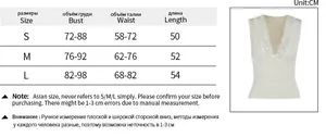 Detailed size chart for lace trim V-neck tank top in S, M, and L with measurements in CM