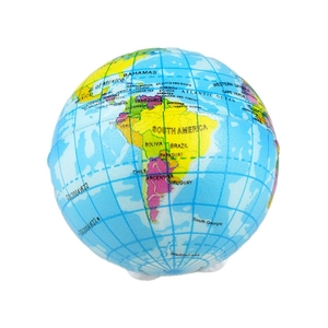 Close-up of a foam stress ball featuring a detailed world map globe and world continents