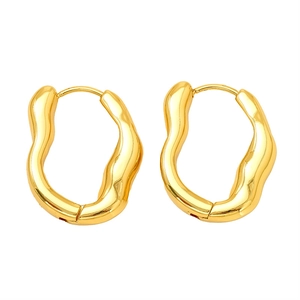Minimalist gold-plated irregular wavy earrings with a liquid metal texture on white background