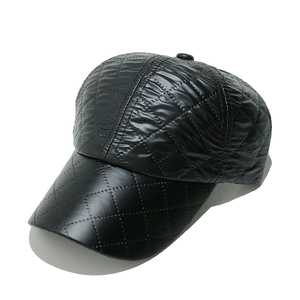 Women's black quilted PU leather baseball cap with glossy diamond lattice pattern
