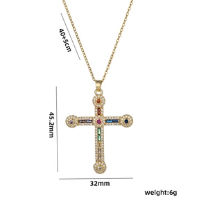 Golden hip hop cross necklace with colorful crystals and detailed size specifications