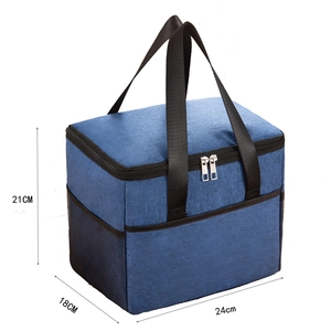 Large blue thermal lunch bag with dimensions 24x18x21cm and mesh side pocket