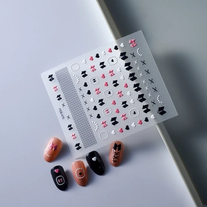3D relief nail stickers FEB-476 featuring bows, hearts, and lace in pink and white
