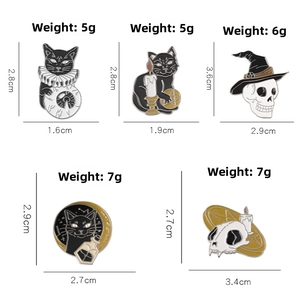 Gothic enamel pin set with black cats and skulls showing precise dimensions and weights